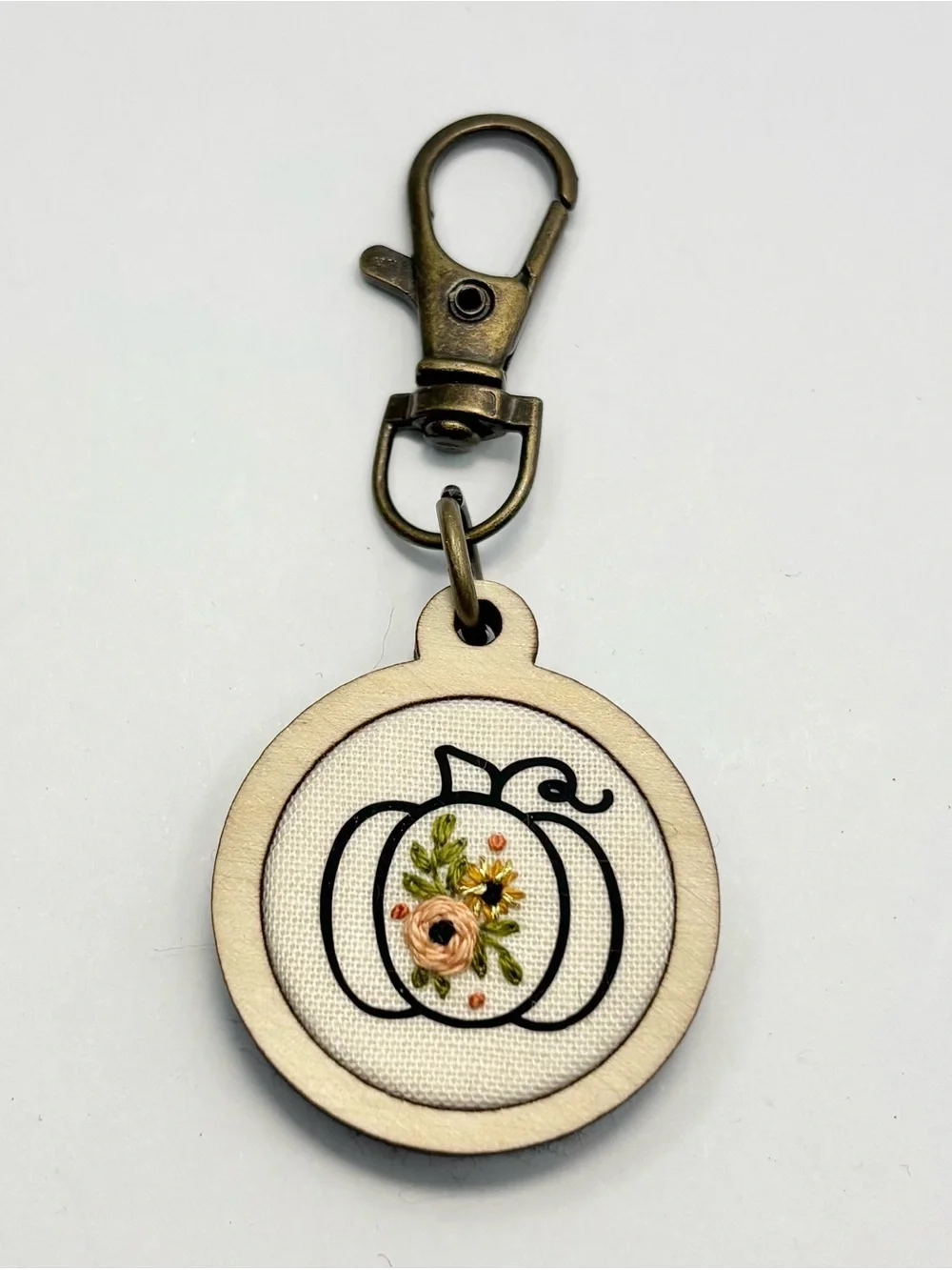 Handmade Floral Pumpkin Embroidered Wood Keychain Purse Charm NWOT